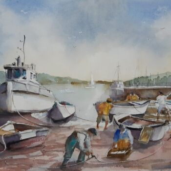 Painting titled "depart en mer" by Jean Senterre, Original Artwork, Watercolor