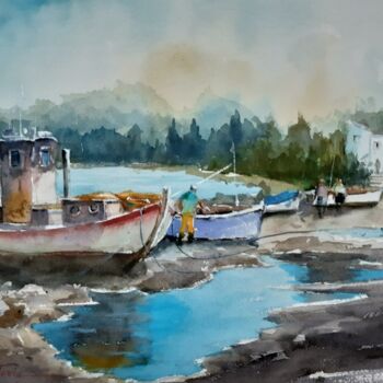 Painting titled "le petit port" by Jean Senterre, Original Artwork, Watercolor