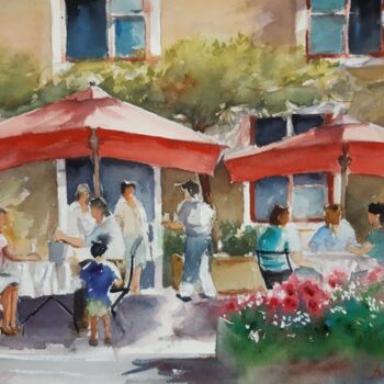 Peinture intitulée "la terrasse de café" par Jean Senterre, Œuvre d'art originale, Aquarelle