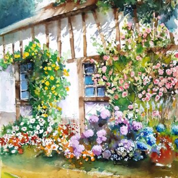 Painting titled "maison fleurie 2" by Jean Senterre, Original Artwork, Watercolor