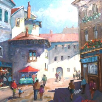 Painting titled "rue passante" by Jean Senterre, Original Artwork, Oil Mounted on Wood Stretcher frame