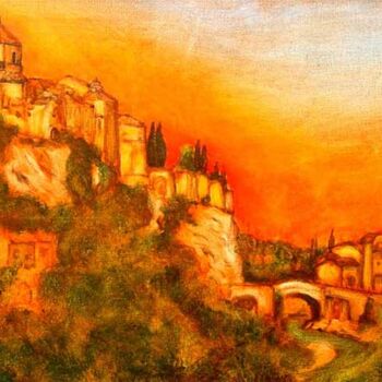 Painting titled ""Vaison la Romaine "" by Jean Xavier Combe, Original Artwork, Oil Mounted on Wood Stretcher frame