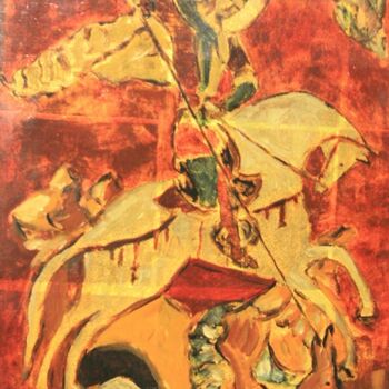 「St Georges et le Dr…」というタイトルの絵画 Jean Xavier Combeによって, オリジナルのアートワーク, オイル ウッドパネルにマウント