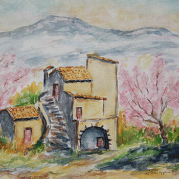 Painting titled ""Mas près d'Eygaliè…" by Jean Xavier Combe, Original Artwork, Watercolor