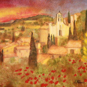 Painting titled "" Toits de Gigondas…" by Jean Xavier Combe, Original Artwork, Oil Mounted on Wood Stretcher frame
