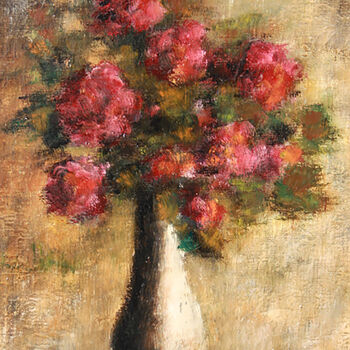 Painting titled "Roses I." by Jean Xavier Combe, Original Artwork, Oil Mounted on Wood Stretcher frame