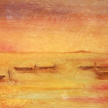 Peinture intitulée "Barques sur l'étang…" par Jean Xavier Combe, Œuvre d'art originale, Huile Monté sur Châssis en bois