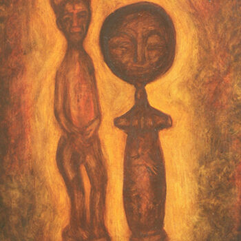 Peinture intitulée "Statuettes africain…" par Jean Xavier Combe, Œuvre d'art originale, Huile Monté sur Châssis en bois