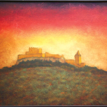 Painting titled "Château de la Mota." by Jean Xavier Combe, Original Artwork, Oil Mounted on Wood Stretcher frame