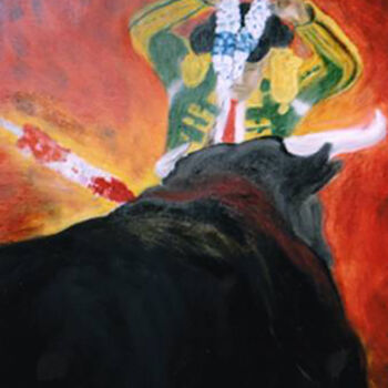 Painting titled ""Banderillero"" by Jean Xavier Combe, Original Artwork, Oil Mounted on Wood Stretcher frame