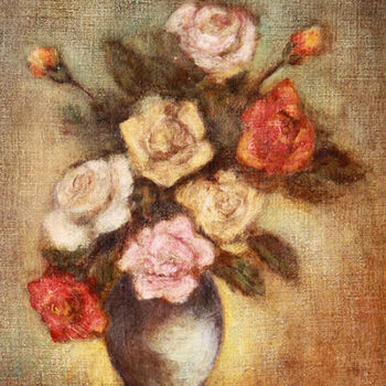 Painting titled "Roses IV." by Jean Xavier Combe, Original Artwork, Oil Mounted on Wood Stretcher frame