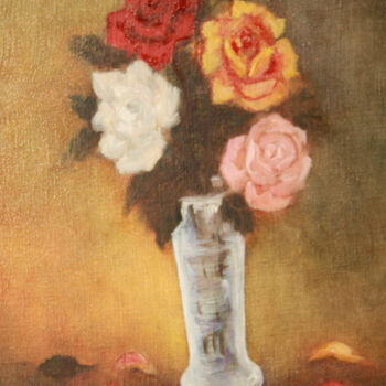 「Roses V.」というタイトルの絵画 Jean Xavier Combeによって, オリジナルのアートワーク, オイル ウッドストレッチャーフレームにマウント