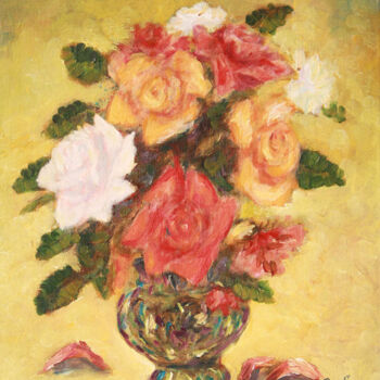 Painting titled "Roses VI." by Jean Xavier Combe, Original Artwork, Oil Mounted on Wood Stretcher frame