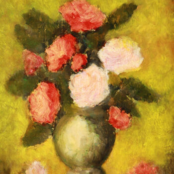 Painting titled "Roses VII." by Jean Xavier Combe, Original Artwork, Oil Mounted on Wood Stretcher frame