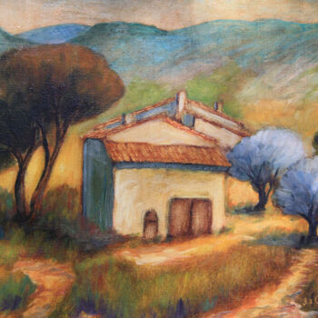 Painting titled "Mas près de Petit P…" by Jean Xavier Combe, Original Artwork, Oil Mounted on Wood Stretcher frame