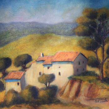 Painting titled "Mas en Ardèche." by Jean Xavier Combe, Original Artwork, Oil Mounted on Wood Stretcher frame