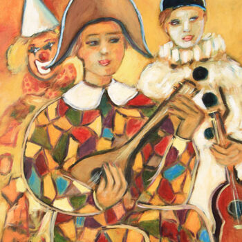 Schilderij getiteld "Clowns musiciens" door Jean Xavier Combe, Origineel Kunstwerk, Olie Gemonteerd op Frame voor houten bra…