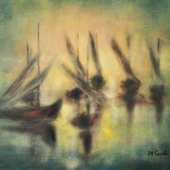 Painting titled "Barques de pêche au…" by Jean Xavier Combe, Original Artwork, Oil Mounted on Wood Stretcher frame