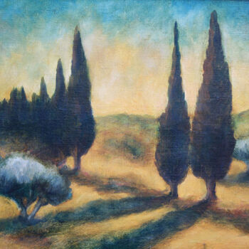 Painting titled "Campagne vers Pujau…" by Jean Xavier Combe, Original Artwork, Oil Mounted on Wood Stretcher frame