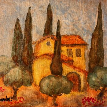 Painting titled ""Mas vers Gordes."" by Jean Xavier Combe, Original Artwork, Oil Mounted on Wood Stretcher frame