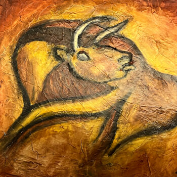 Painting titled "Bison se léchant." by Jean Xavier Combe, Original Artwork, Oil Mounted on Wood Stretcher frame