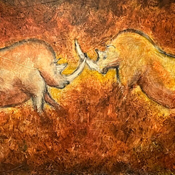 Painting titled "Combat de rhinocéro…" by Jean Xavier Combe, Original Artwork, Oil Mounted on Wood Stretcher frame