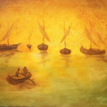 Painting titled "" Barques de pêche"" by Jean Xavier Combe, Original Artwork, Oil Mounted on Wood Stretcher frame