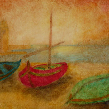 Painting titled "" Barques à Colliou…" by Jean Xavier Combe, Original Artwork, Oil Mounted on Wood Stretcher frame