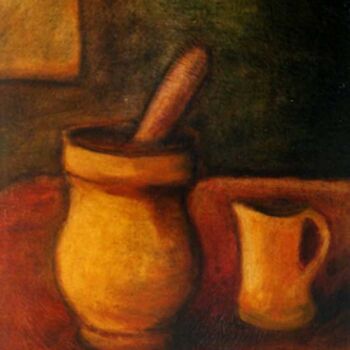 Painting titled ""  Mortier et pot"" by Jean Xavier Combe, Original Artwork, Oil Mounted on Wood Stretcher frame