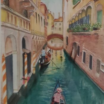 Painting titled ""canaux de Venise"" by Jean Yves Domblides, Original Artwork, Watercolor Mounted on Wood Stretcher frame