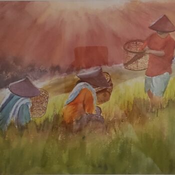 Pintura titulada ""plantation du riz "" por Jean Yves Domblides, Obra de arte original, Acuarela Montado en Bastidor de cami…
