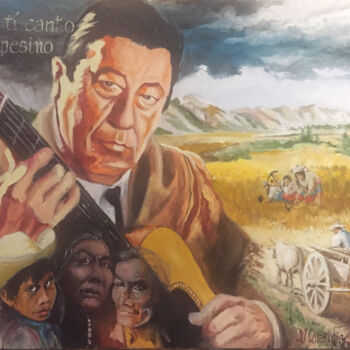 Ζωγραφική με τίτλο "Atahualpa Yupanqui" από Jean-Yves Quentric, Αυθεντικά έργα τέχνης, Λάδι Τοποθετήθηκε στο Ξύλινο φορείο σ…