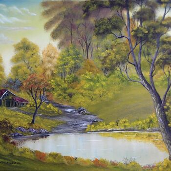 Painting titled "abri-au-bord-du-lac." by Jean-Yves Saint Lezer, Original Artwork, Oil