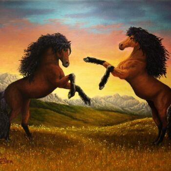 Painting titled "Duel de chevaux" by Jean-Yves Saint Lezer, Original Artwork, Oil Mounted on Wood Stretcher frame