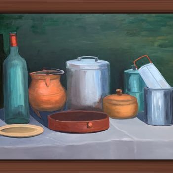 Painting titled "Pots Bouteille et p…" by Jean Calmon, Original Artwork, Oil Mounted on Wood Stretcher frame