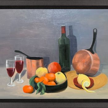 Pintura titulada "Fruits et casserole…" por Jean Calmon, Obra de arte original, Oleo Montado en Bastidor de camilla de madera