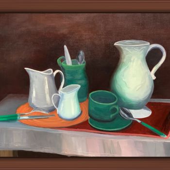 Painting titled "Tasse verte et pot…" by Jean Calmon, Original Artwork, Oil Mounted on Wood Stretcher frame