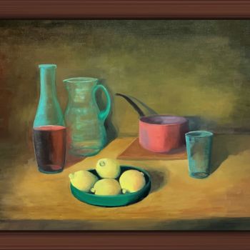 Painting titled "Quatre citrons" by Jean Calmon, Original Artwork, Oil Mounted on Wood Stretcher frame