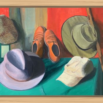 Painting titled "Mes chapeaux" by Jean Calmon, Original Artwork, Oil Mounted on Wood Stretcher frame