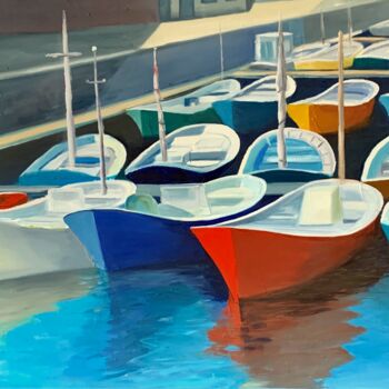 Painting titled "N° 381 Port de San…" by Jean Calmon, Original Artwork, Oil Mounted on Wood Stretcher frame