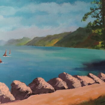 Painting titled "Lac d'Annecy" by Jean-Claude Plet, Original Artwork, Acrylic Mounted on Wood Stretcher frame