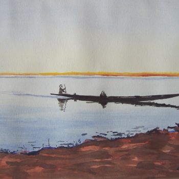 Painting titled "pirogue-sur-le-nige…" by Gaïd, Original Artwork, Gouache