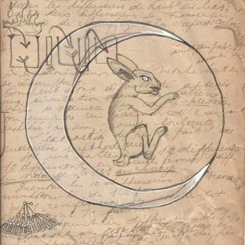 Drawing titled "Lapin à la lune/Moo…" by Jean Erick De Hyères De Hyères, Original Artwork