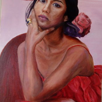 Ζωγραφική με τίτλο "jeune femme au chou…" από Jeanine Adell, Αυθεντικά έργα τέχνης, Λάδι