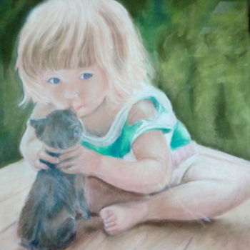 Drawing titled "Un petit calin" by Jeanine Adell, Original Artwork, Pastel