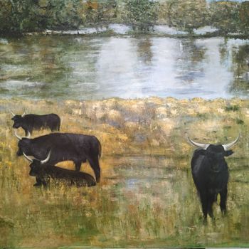 Painting titled "taureaux camarguais" by Jeanine Adell, Original Artwork, Oil Mounted on Wood Stretcher frame