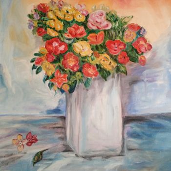 Painting titled "Fleurs papillon" by Jeanine Adell, Original Artwork, Oil