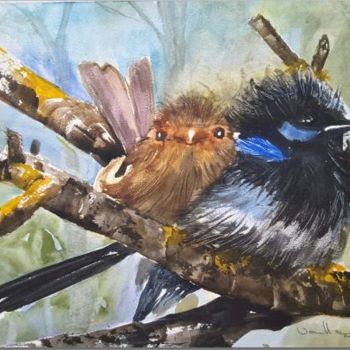 Painting titled "20161209-oiseaux-bl…" by Jeanine Van Hoecke, Original Artwork, Watercolor