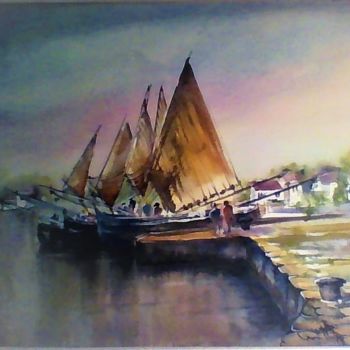 Painting titled "Marine port" by Jeanine Van Hoecke, Original Artwork, Watercolor