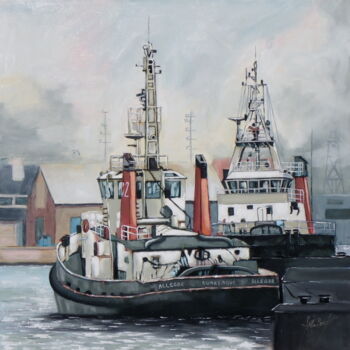 Painting titled "remorqueur au port" by Jean-Marc Moisy, Original Artwork, Oil Mounted on Wood Stretcher frame